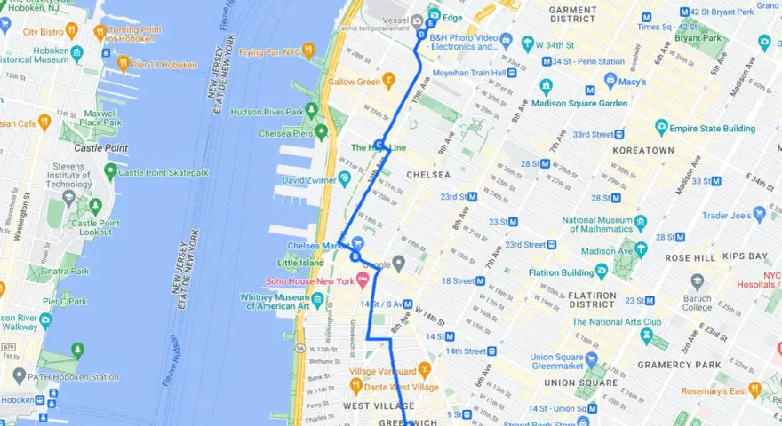 Mappa di New York con itinerario per cosa vedere a New York in 7 giorni, da Hoboken a Union Square, passando per High Line e Greenwich Village.