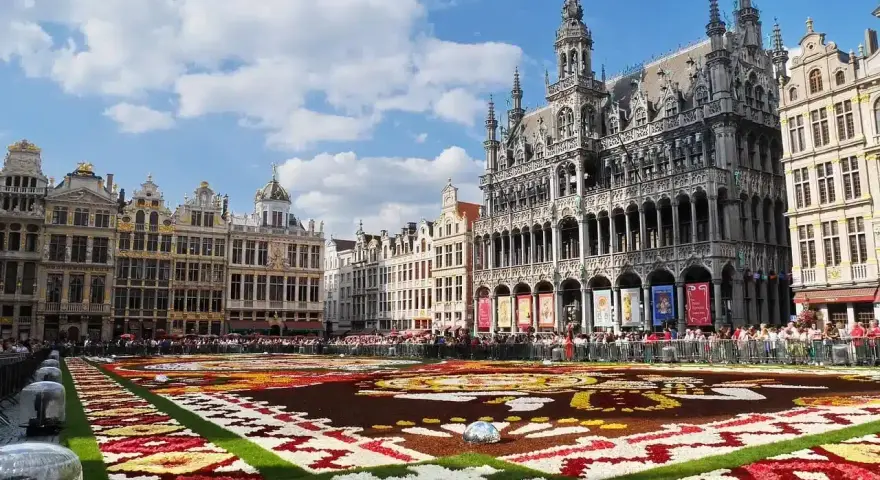 Tappeto di fiori a Bruxelles, un'idea per cosa vedere a Bruxelles in 3 giorni. Grand Place con architetture storiche e folla.