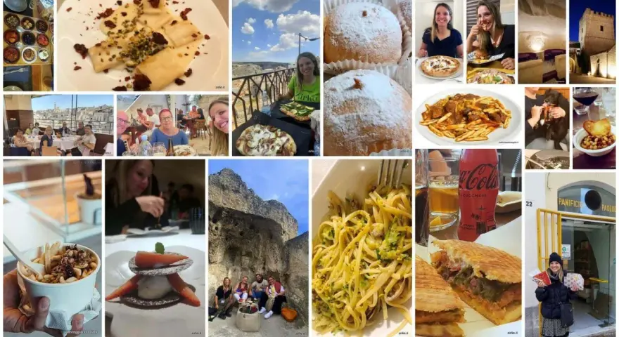 Collage di immagini che mostrano piatti tipici Matera: pasta, dolci, pizza, panini e antipasti, con scorci della città.