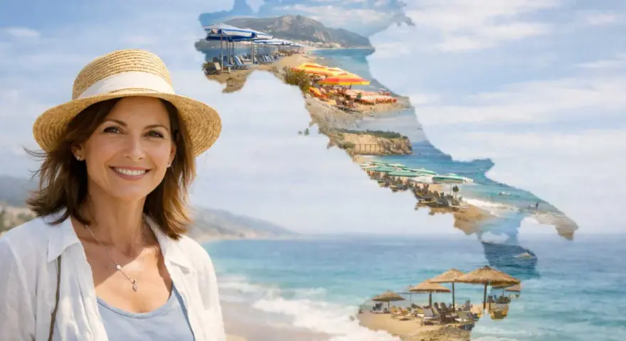 Donna sorridente con cappello di paglia su spiaggia italiana, ideale per sapere dove andare in vacanza a maggio al caldo.