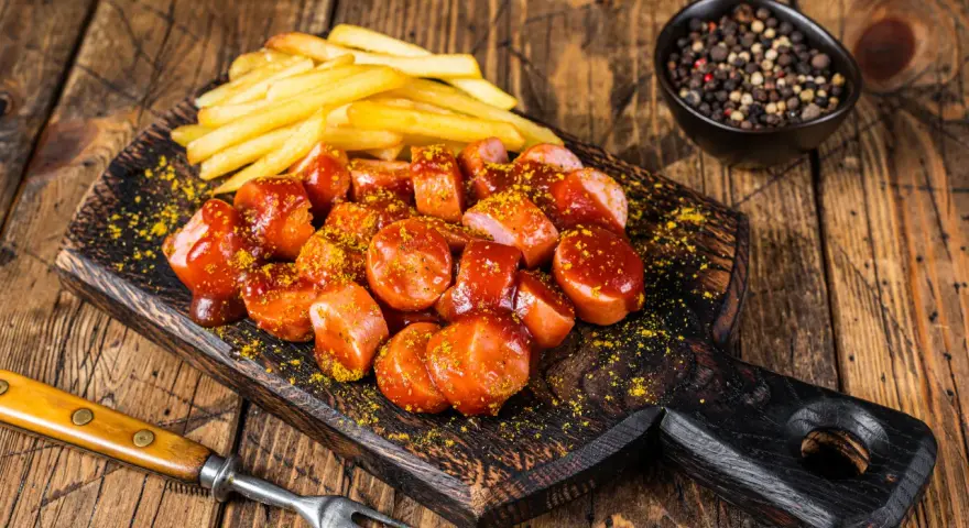 Currywurst e patatine fritte, un classico per sapere cosa mangiare a Berlino.