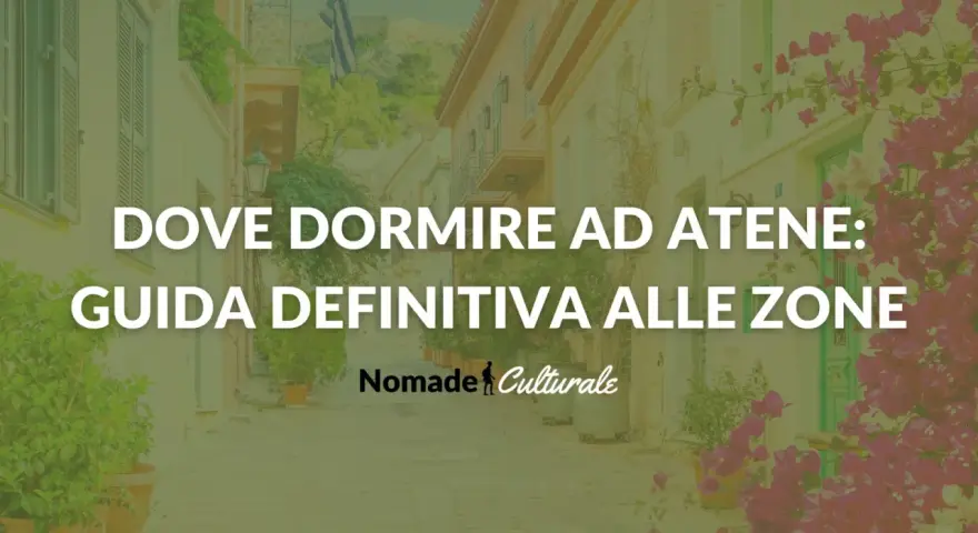 Guida definitiva su dove alloggiare ad Atene, con scorci di vicoli fioriti e la bandiera greca.