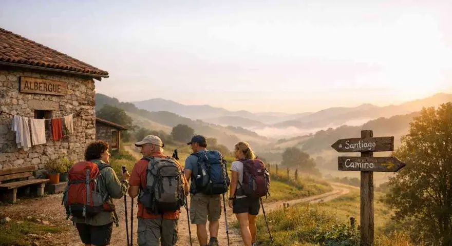 Pellegrini con zaini e bastoncini da trekking si dirigono verso un cartello che indica "Santiago Camino". La domanda "quanto dura il cammino di Santiago" risuona mentre il sole sorge su dolci colline nebbiose.