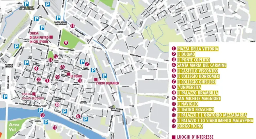 Mappa di Pavia: cosa vedere in un giorno. Indica i luoghi d'interesse come il Duomo, il Castello Visconteo e il Ponte Coperto.