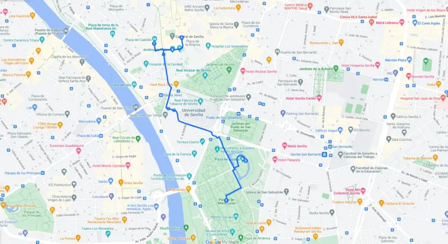 Mappa di Siviglia con itinerario per cosa vedere a Siviglia in 3 giorni: Alcázar, Plaza de España, Parco Maria Luisa, Cattedrale.