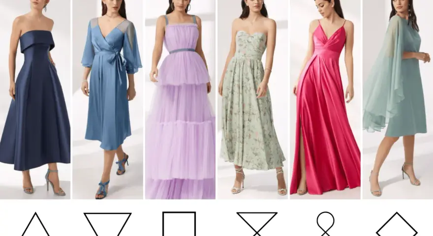 Abiti da cerimonia per fisico a pera: abiti blu navy, azzurro, lilla, floreale, fucsia e verde acqua.
