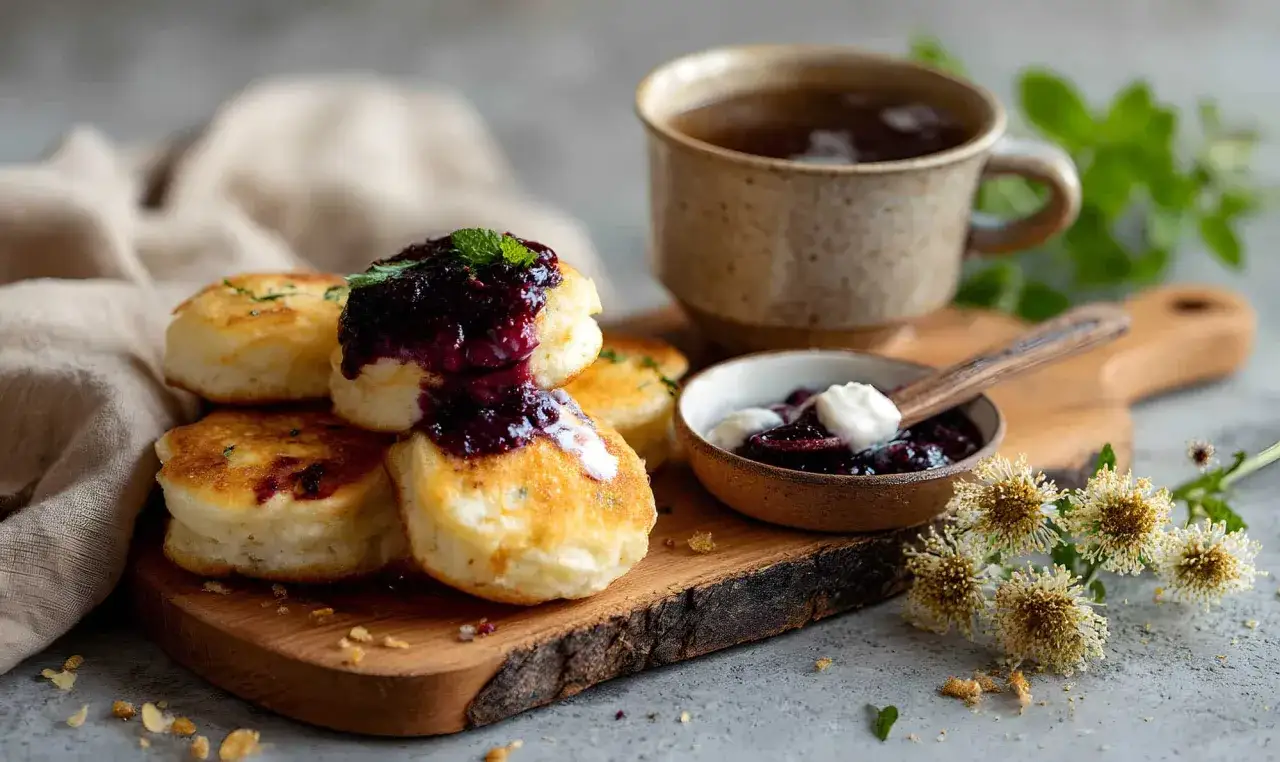 Deliziosi pancake con marmellata di mirtilli e panna acida, un assaggio dei piatti tipici rumeni, accompagnati da una tazza di t&egrave;.