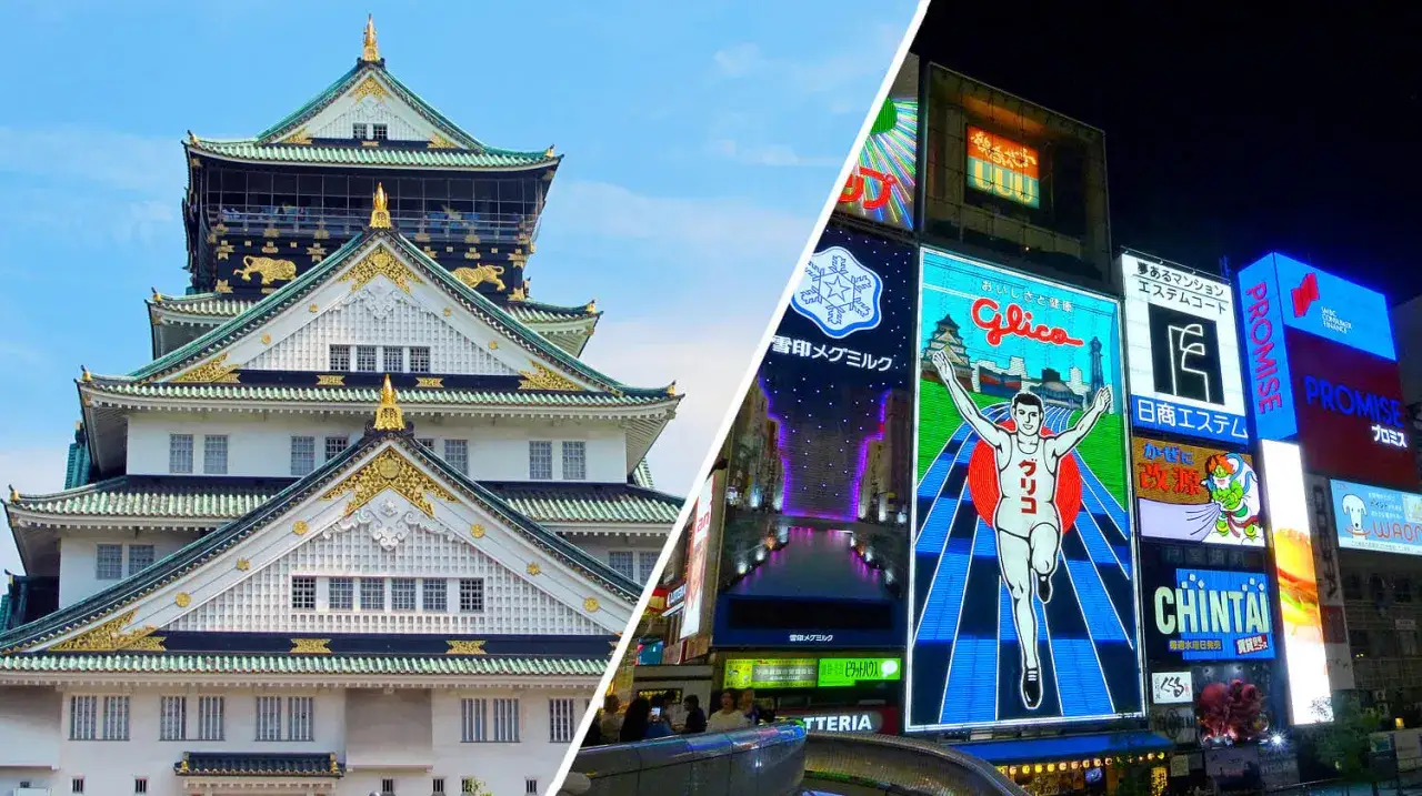 Castello di Osaka di giorno e insegne luminose di Dotonbori di notte: ecco cosa vedere a Osaka per un viaggio indimenticabile.