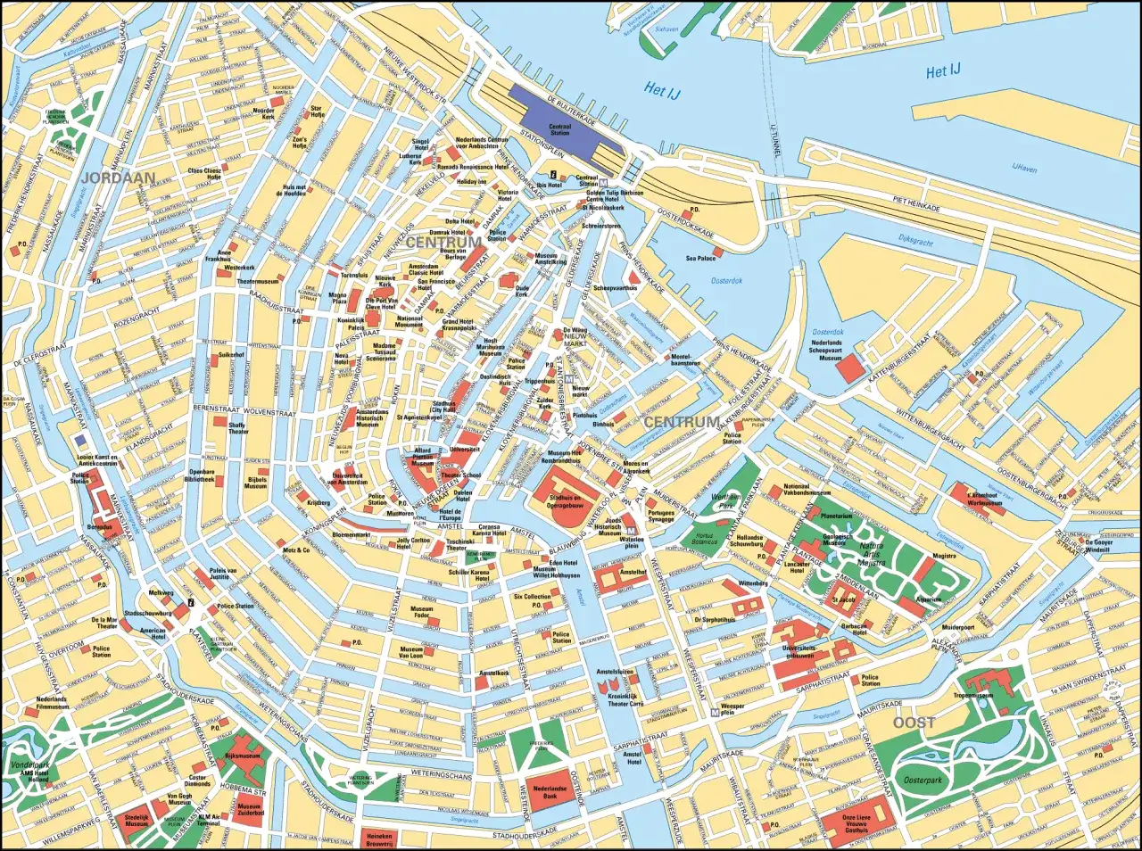Mappa di Amsterdam con hotel, musei e canali. Ideale per scoprire dove alloggiare ad Amsterdam e pianificare il tuo soggiorno.