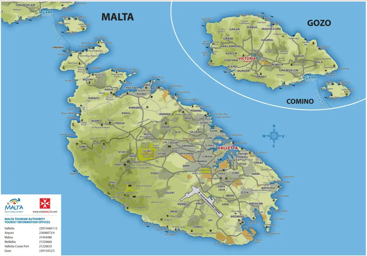 Mappa di Malta, Gozo e Comino con indicazioni per dove dormire. Trova la tua sistemazione ideale tra citt&agrave;, spiagge e siti storici.