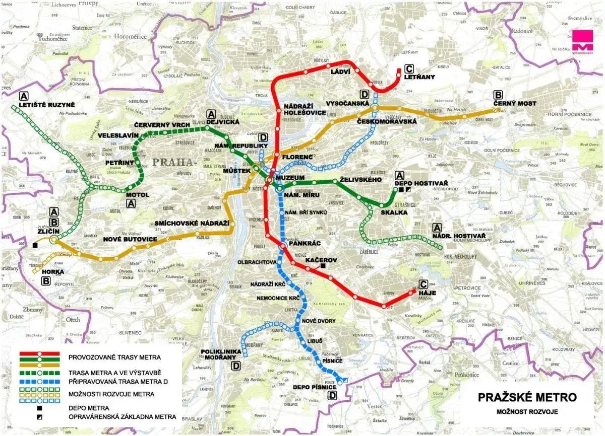 Mappa della metropolitana di Praga: scopri come muoversi a Praga con le linee A, B, C, D e le loro estensioni.