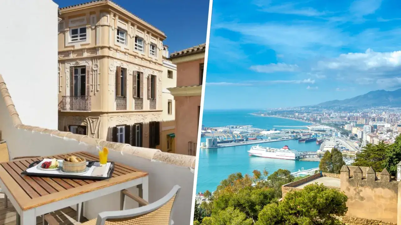 Balcone con colazione e vista sul porto di Malaga: ecco dove alloggiare a Malaga per una vacanza indimenticabile.