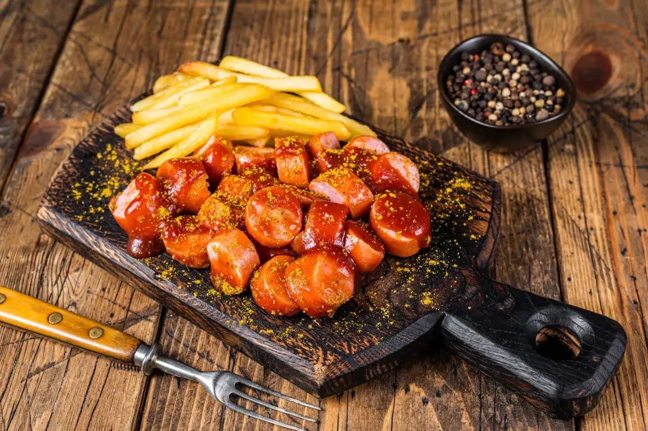 Currywurst e patatine fritte, un classico da provare per capire cosa mangiare a Berlino.