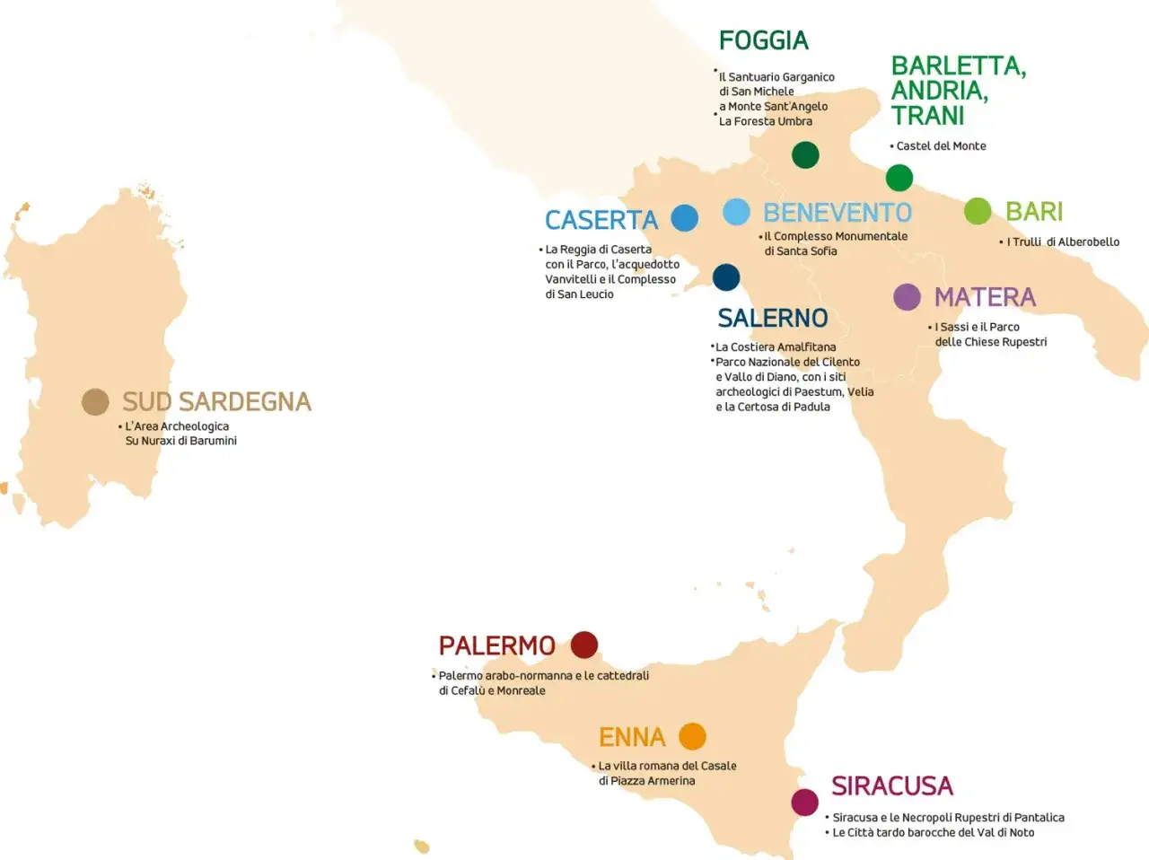 Mappa dei siti UNESCO in Italia per regione: da Sud Sardegna a Foggia, Caserta, Salerno, Palermo, Enna e Siracusa.