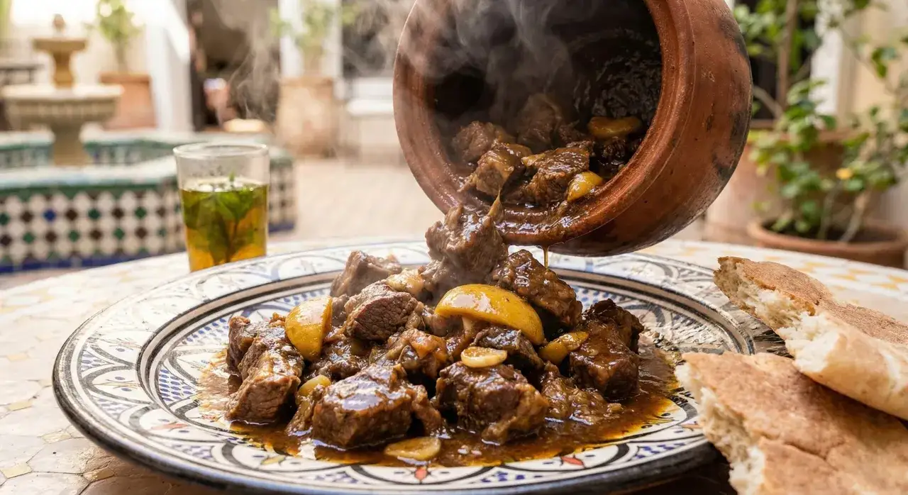Un saporito stufato di manzo viene versato da una pentola di terracotta su un piatto decorato. Un bicchiere di tè alla menta e pane completano questo assaggio di cosa mangiare a Marrakech.