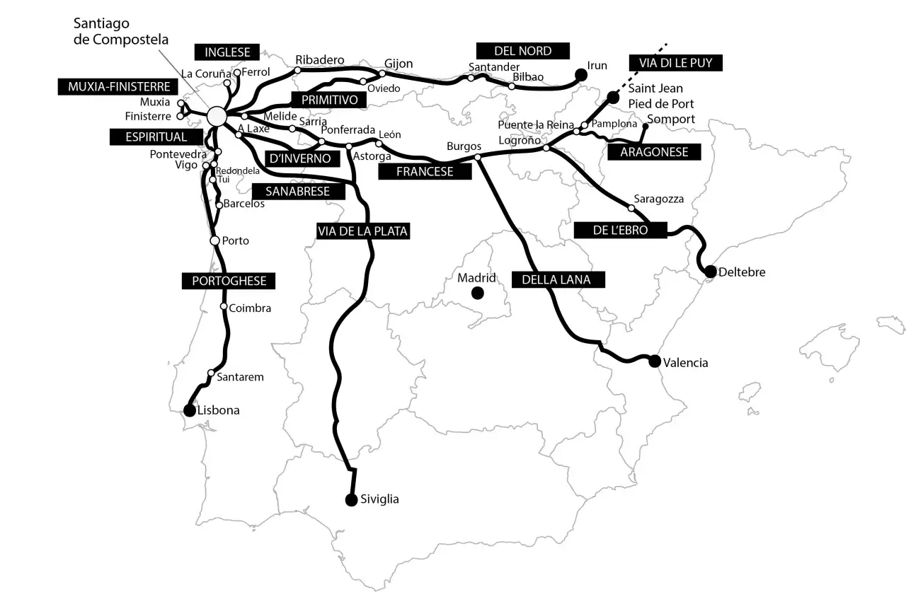 Mappa delle vie di pellegrinaggio verso Santiago. Quanto dura il cammino di Santiago dipende dalla via scelta, come la Francese o la Portoghese.