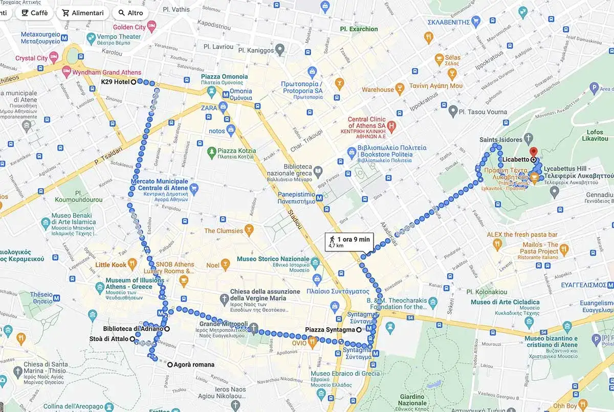 Percorso a piedi per cosa vedere ad Atene in un giorno: da Omonia a Lycabettus, passando per musei e piazze storiche.