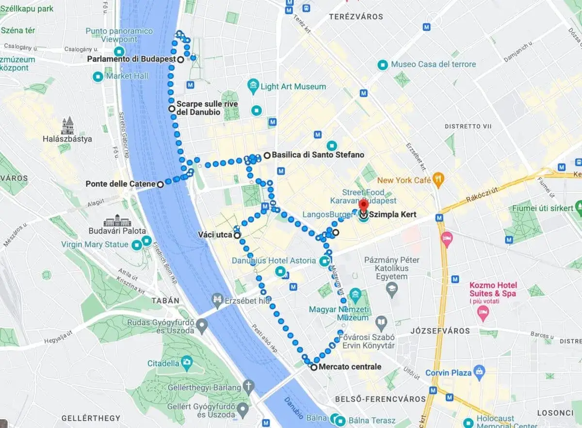 Percorso a piedi a Budapest: Parlamento, Basilica di Santo Stefano, Mercato Centrale. Ideale per scoprire dove alloggiare a Budapest.