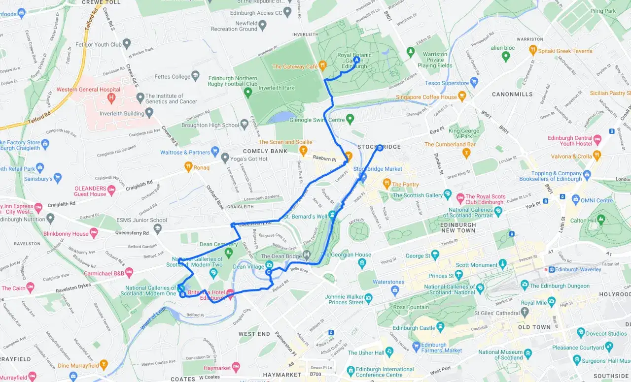 Mappa di Edimburgo con itinerario blu che mostra dove dormire, passando per il Giardino Botanico, Stockbridge e il centro.