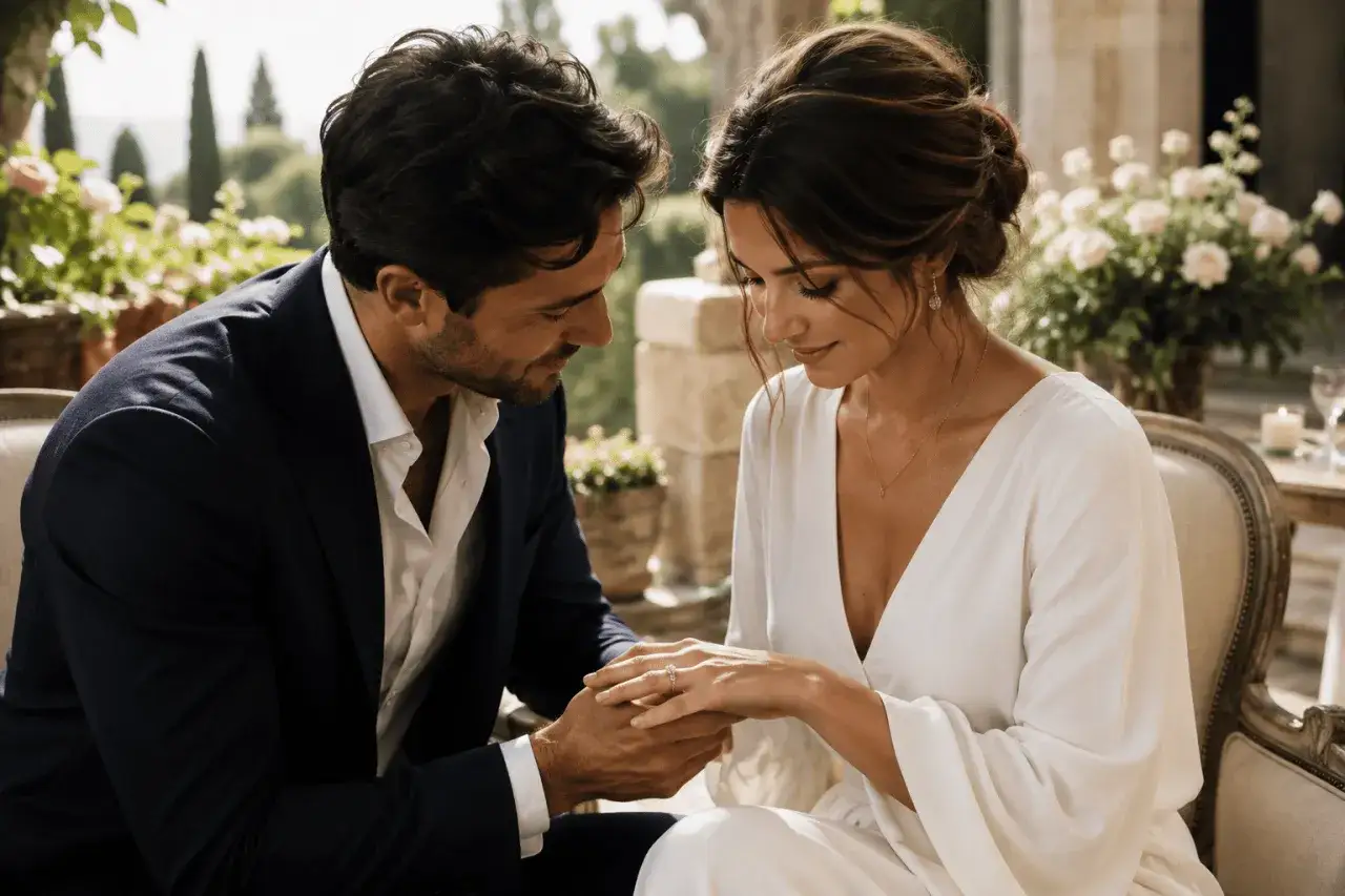 Un uomo con un abito blu e una donna in abito bianco si scambiano uno sguardo intenso, le mani intrecciate. Le promesse d'amore frasi risuonano in questo momento magico.