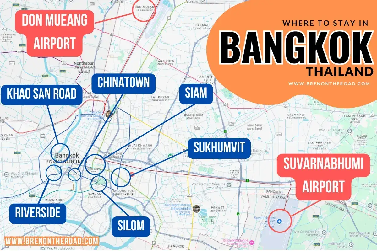 Mappa di Bangkok con aree evidenziate per decidere dove dormire: Khao San Road, Chinatown, Siam, Sukhumvit, Riverside, Silom, e gli aeroporti Don Mueang e Suvarnabhumi.