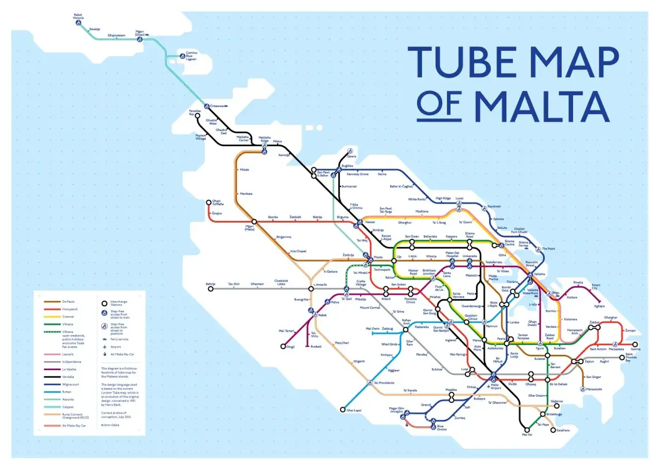 Mappa stilizzata di Malta che mostra come spostarsi con un sistema di trasporto pubblico simile alla metropolitana, con linee colorate che collegano varie località.