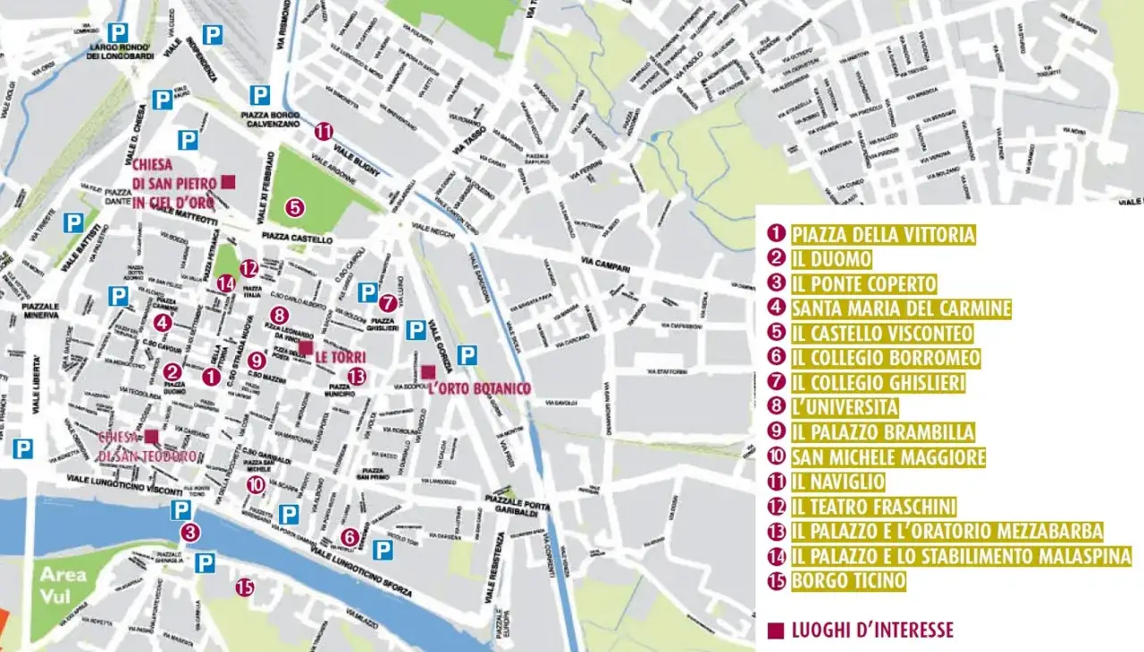 Mappa di Pavia: cosa vedere in un giorno. Indica i luoghi d'interesse come il Duomo, il Castello Visconteo e il Ponte Coperto.