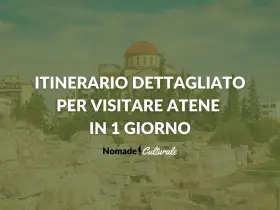 Itinerario dettagliato per visitare Atene in 1 giorno. Un'antica chiesa con cupola domina lo sfondo, mentre rovine storiche e vegetazione rigogliosa compongono la scena.