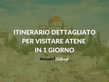 Itinerario dettagliato per visitare Atene in 1 giorno. Un'antica chiesa con cupola domina lo sfondo, mentre rovine storiche e vegetazione rigogliosa compongono la scena.