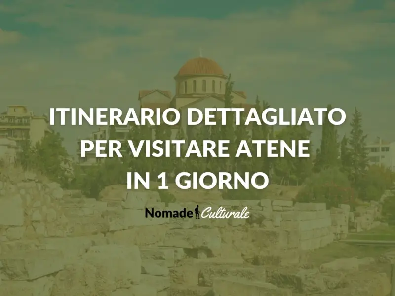 Itinerario dettagliato per visitare Atene in 1 giorno. Un'antica chiesa con cupola domina lo sfondo, mentre rovine storiche e vegetazione rigogliosa compongono la scena.