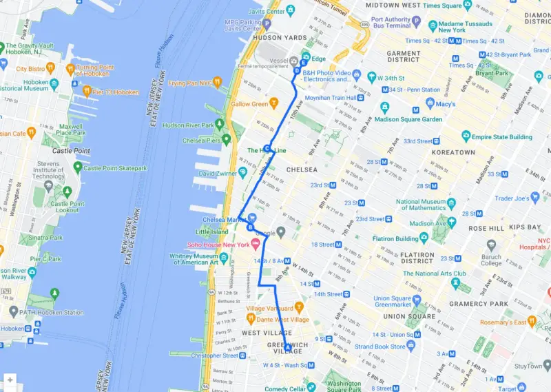Mappa di New York con itinerario per cosa vedere a New York in 7 giorni, da Hoboken a Union Square, passando per High Line e Greenwich Village.